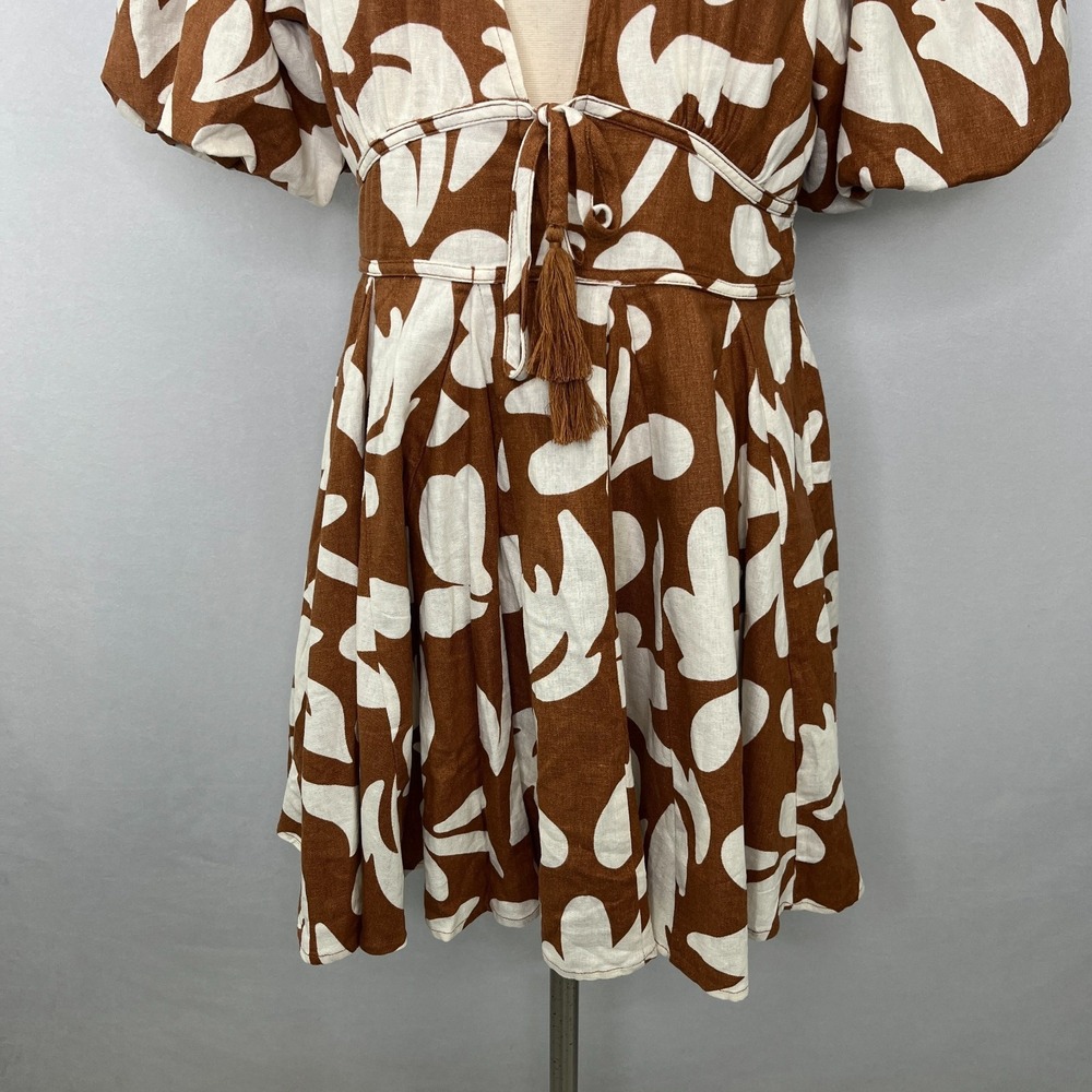 House of Harlow 1960 Mini Dress 6 Floral Brown Ivory Vacation Party Puff Sleeve - Picture 6 of 15